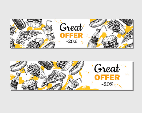 Fast food vector hand drawn banner.  Hand drawn junk food special offer illustration. Soda, hot dog, pizza, burger and french fries drawing. Great for label, menu, poster, voucher, coupon