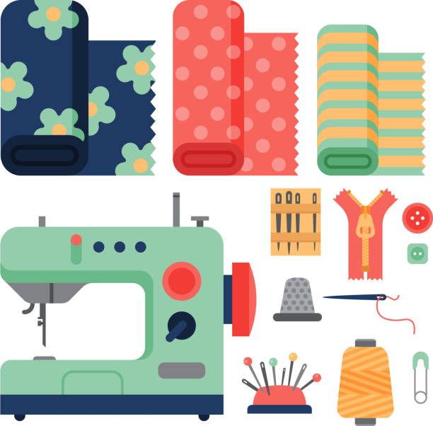 ilustrações de stock, clip art, desenhos animados e ícones de thread supplies accessories sewing equipment tailoring fashion pin craft needlework vector illustration - sewing tailor thread sewing kit