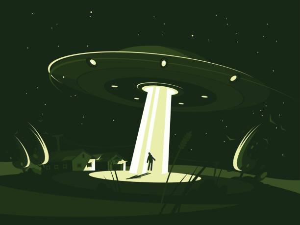 Spaceship abducts man Alien plate abducts man. Spaceship at night. Vector flat illustration alien invasion stock illustrations