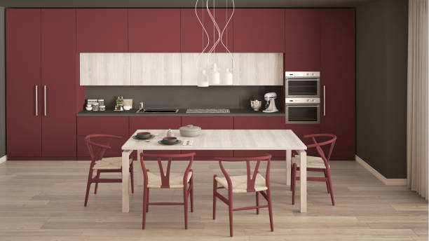 istock Modern minimal red kitchen with wooden floor, classic interior design 682645938