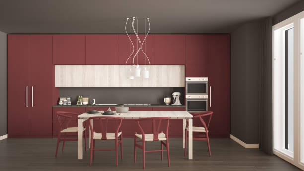 istock Modern minimal red kitchen with wooden floor, classic interior design 682646208