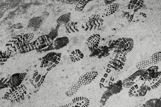 Black wet footprints over gray pedestrian asphalt road