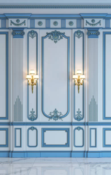 istock Classic wall panels in blue tones with gilding. 3d rendering 682647416