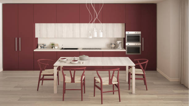 istock Modern minimal red kitchen with wooden floor, classic interior design 682651036