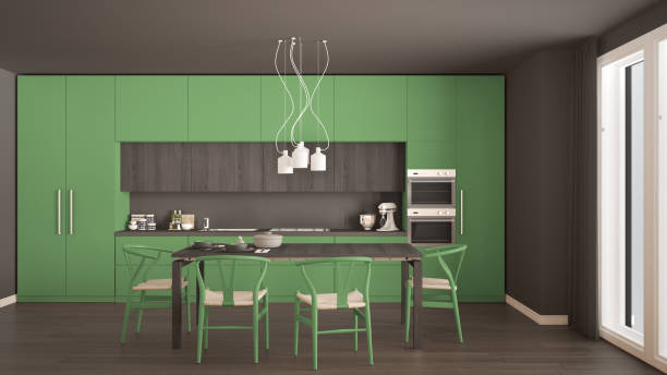 istock Modern minimal green kitchen with wooden floor, classic interior design 682651378