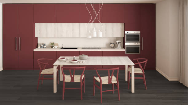 istock Modern minimal red kitchen with wooden floor, classic interior design 682654570