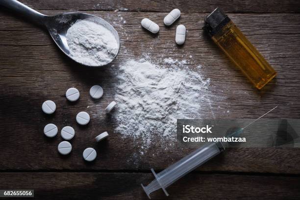 Hard Drugs On Dark Table Stock Photo - Download Image Now - Medicine, Recreational Drug, Artificial