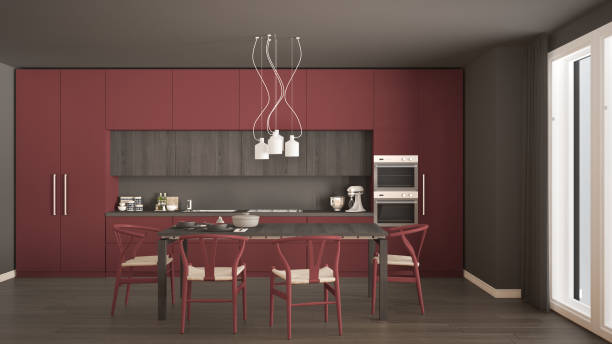 istock Modern minimal red kitchen with wooden floor, classic interior design 682655526