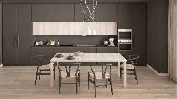 istock Modern minimal gray kitchen with wooden floor, classic interior design 682655802