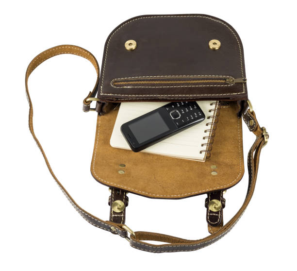 istock Phone and note book on leather-bags  on white background 682658240