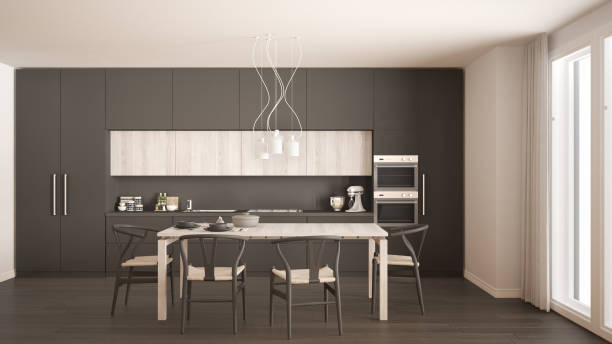 istock Modern minimal gray kitchen with wooden floor, classic interior design 682658604