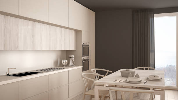 istock Modern minimal white kitchen with wooden floor, classic interior design 682658930