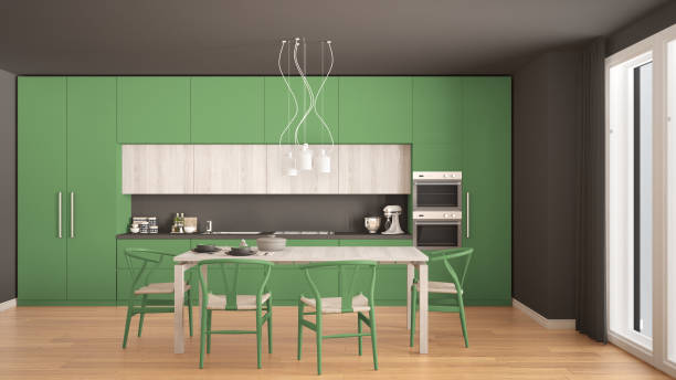 istock Modern minimal green kitchen with wooden floor, classic interior design 682661486
