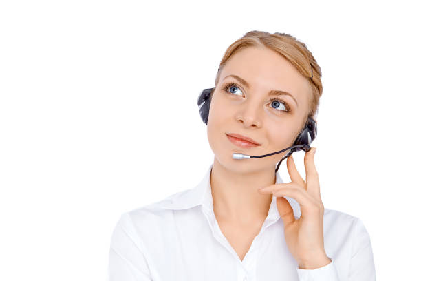 istock Support phone operator  in headset, blonde girl, isolated 682661524