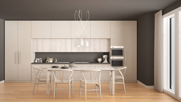 istock Modern minimal white kitchen with wooden floor, classic interior design 682661990