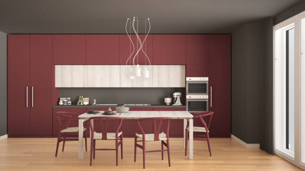 istock Modern minimal red kitchen with wooden floor, classic interior design 682664538
