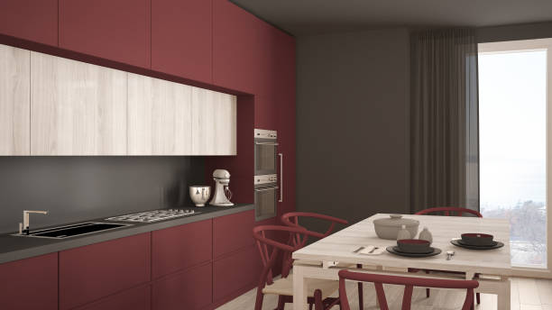 istock Modern minimal red kitchen with wooden floor, classic interior design 682664656