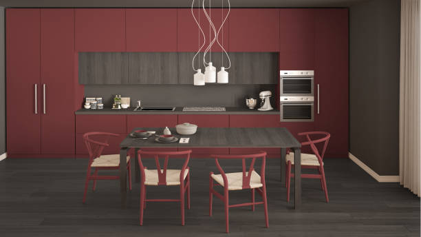 istock Modern minimal red kitchen with wooden floor, classic interior design 682668014