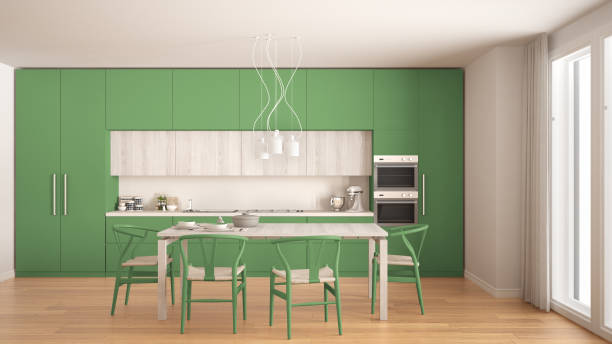 istock Modern minimal green kitchen with wooden floor, classic interior design 682668348
