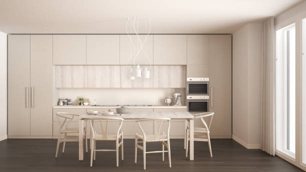 istock Modern minimal white kitchen with wooden floor, classic interior design 682668928
