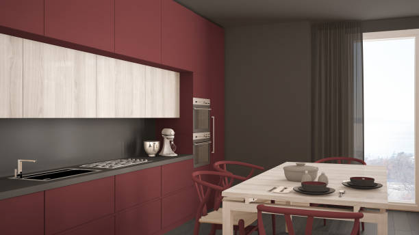istock Modern minimal red kitchen with wooden floor, classic interior design 682669470