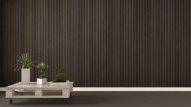 istock Empty room with diy pallet table and succulent potted plants on herringbone parquet, wooden wall, background interior designsign 682671612