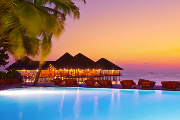 Pool and cafe on tropical Maldives island - nature travel background
