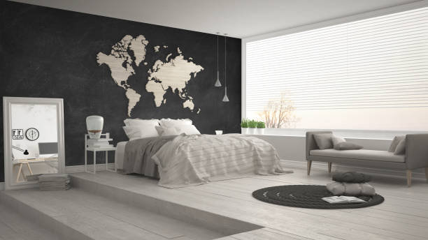 istock Scandinavian minimalist bedroom, minimalistic modern interior design 682674874