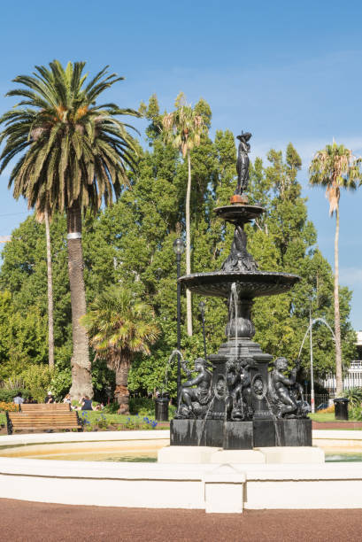 Victorian fountain in Albart Park, Auckland. Auckland, New Zealand - March 5, 2017: Black metal 19th century Victorian Fountain in center of Albert Park. Green vegetation, tall palm tree and people in back under blue sky. albert park photos stock pictures, royalty-free photos & images