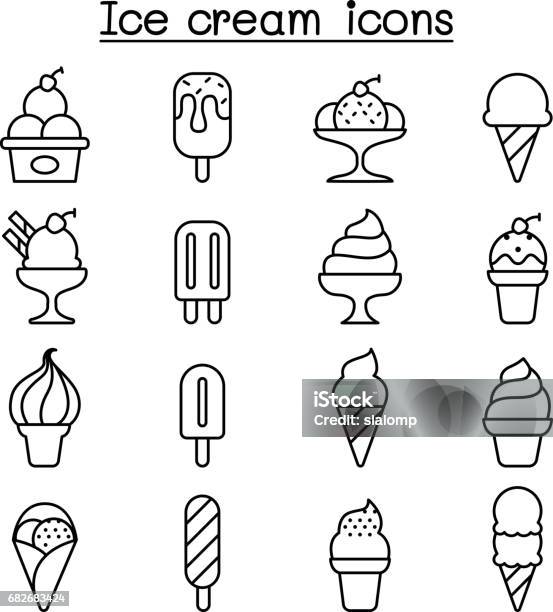 Ice Cream Icon Set In Thin Line Style Stock Illustration - Download Image Now - Ice Cream, Ice Cream Sundae, Logo