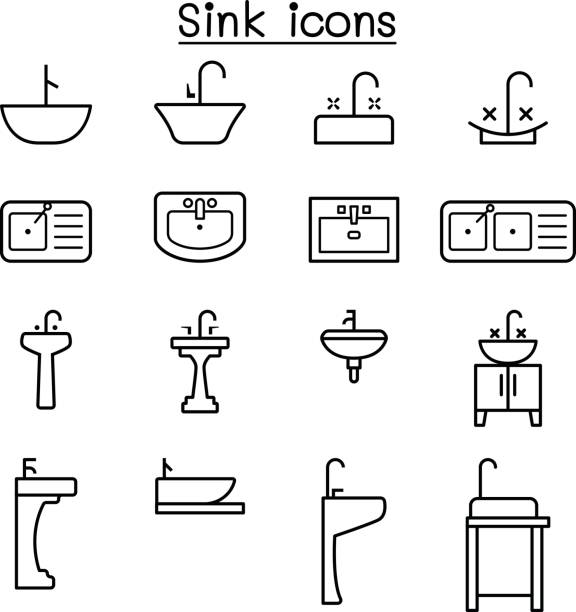 ilustraciones, imágenes clip art, dibujos animados e iconos de stock de conjunto de iconos de estilo de línea fina del fregadero - sink