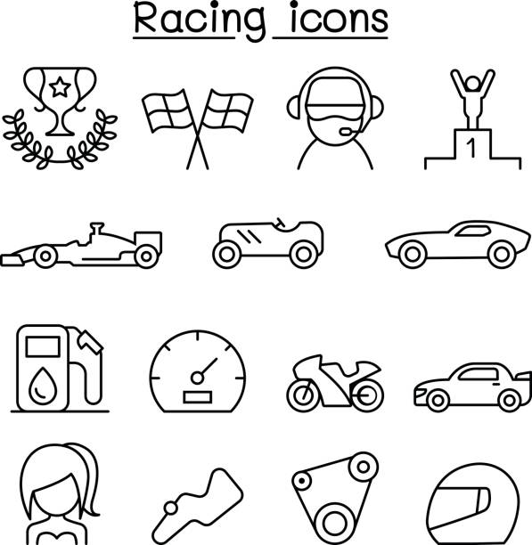 illustrazioni stock, clip art, cartoni animati e icone di tendenza di icona racing impostata in stile linea sottile - vehicle part motor vehicle car customized