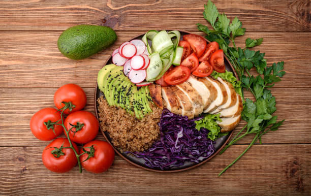 istock Healthy salad bowl with quinoa, chicken, avocado and vegetables. 682692372