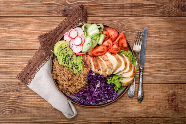 istock Healthy salad bowl with quinoa, chicken, avocado and vegetables. 682692442