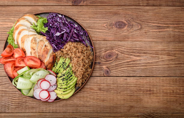 istock Healthy salad bowl with quinoa, chicken, avocado and vegetables. 682692452