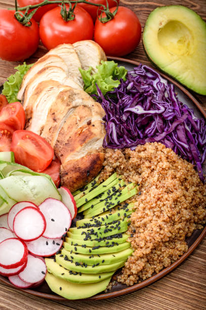 istock Healthy salad bowl with quinoa, chicken, avocado and vegetables. 682692480