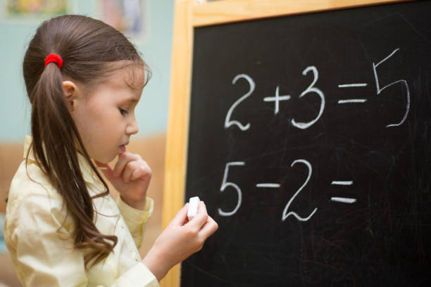 istock Beautiful young girl is teaching at home on blackboard. 682692508