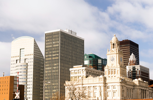 A bright sunny winter day in downtown Des Moines, Iowa