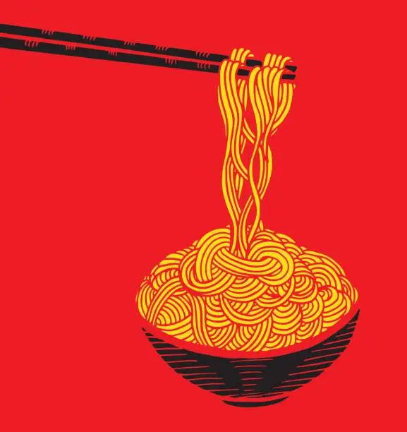 Vector illustration of Hand drawn doodle Noodle at bowl and stick. - Illustration Noodles, Pasta, Asian Wheat Noodles, Breakfast, Dinner