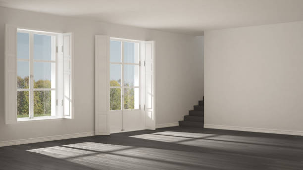 istock Empty room with windows and stairs, minimalist scandinavian interior design 682695664