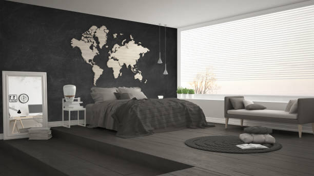 istock Scandinavian minimalist bedroom, minimalistic modern interior design 682695810