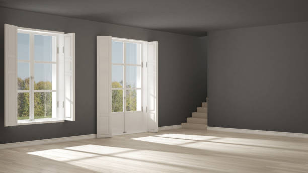 istock Empty room with windows and stairs, minimalist scandinavian interior design 682696284