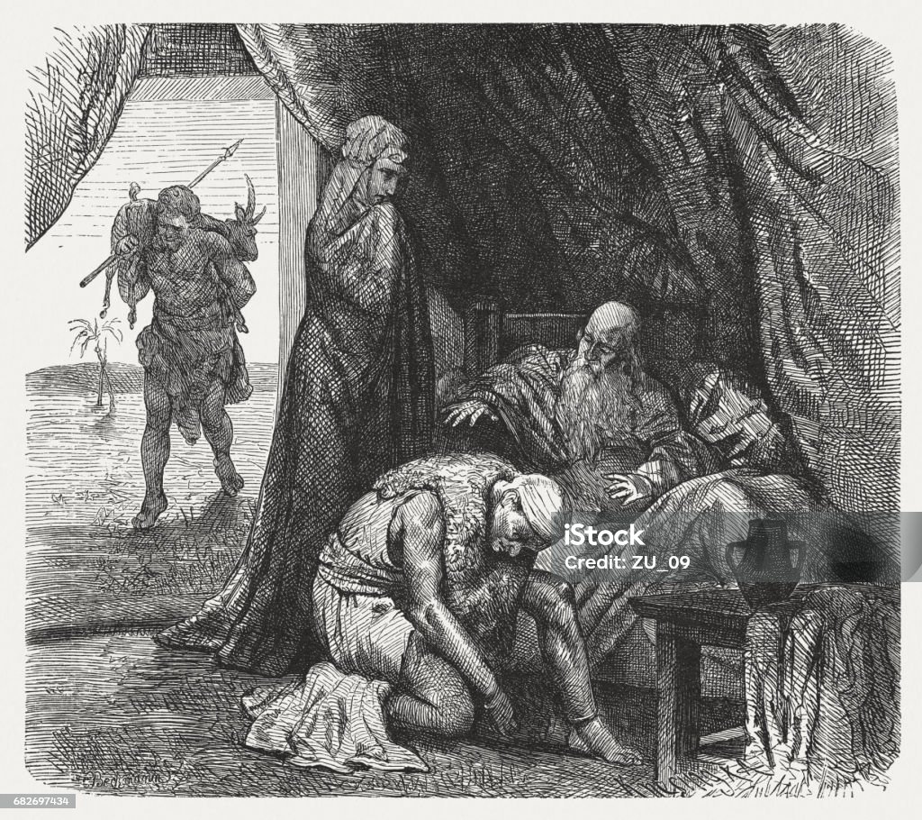 Isaac blessing Jacob (Genesis 27), wood engraving, published in 1880 Isaac blessing Jacob. Wood engraving after a drawing by Konrad Beckmann (German painter and illustrator, 1846 - 1902), published in 1880. Jacob - Biblical Figure stock illustration