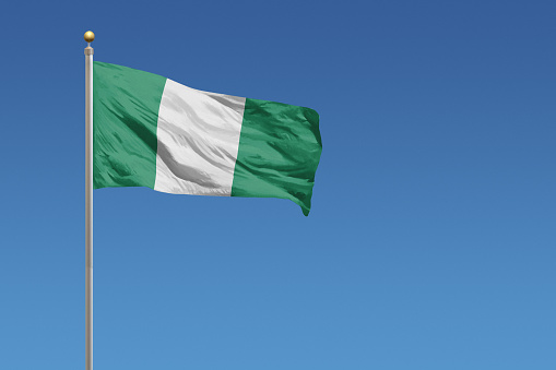 Flag of Nigeria in front of a clear blue sky