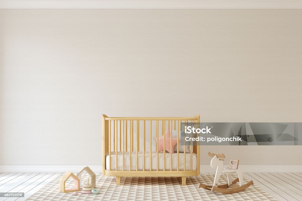 Nursery interior. Mock-up. Interior of nursery in scandinavian style. Mock-up. 3d render. Crib Stock Photo