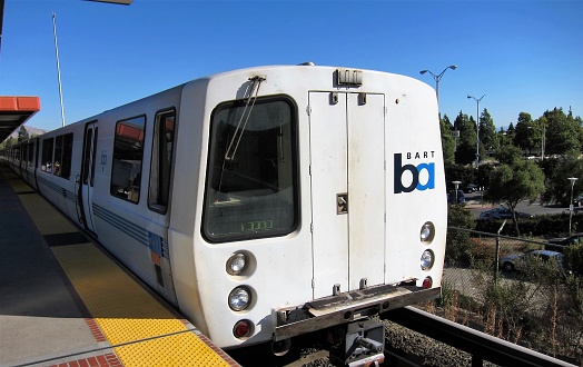 Vienna, Virginia, USA - August 7, 2018: A nearly-empty Metrorail car on the Orange Line of the Washington Metropolitan Area Transit Authority (WMATA) mass transit commuter system.