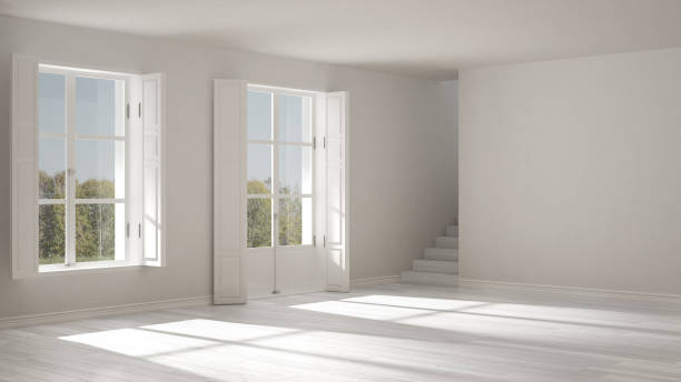 istock Empty room with windows and stairs, minimalist scandinavian interior design 682704774