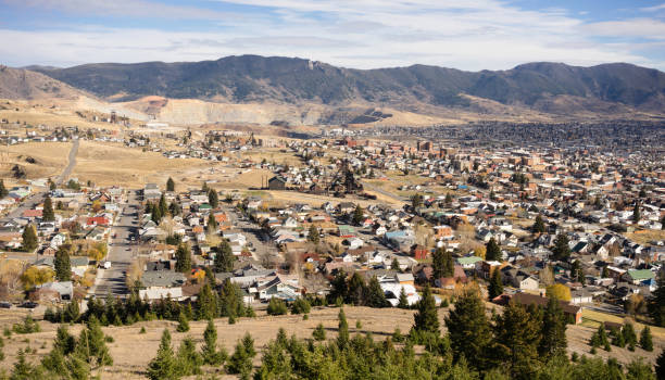 High Angle Overlook Walkerville Butte Montana Downtown United States The hillside home and downtown of Butte Montana with winter setting in butte rocky outcrop photos stock pictures, royalty-free photos & images