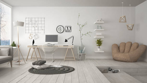 istock Residential multifunctional loft with home office workplace, scandinavian minimalist interior design 682711270