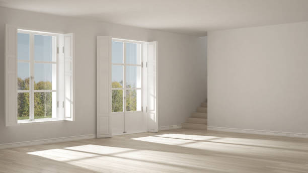 istock Empty room with windows and stairs, minimalist scandinavian interior design 682711612